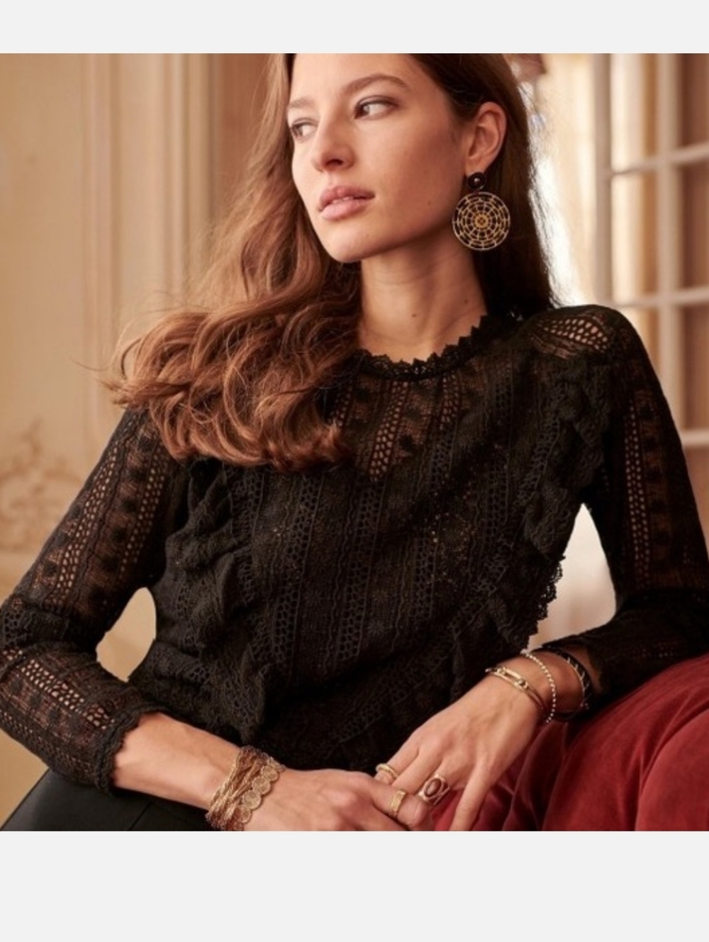 Sezane Madeline Prairie Crochet Lace Knit Blouse In Black Cotton Size 34 XS